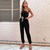 Schwarzer One-Shoulder-Jumpsuit mit Kordelzug und hoher Taille